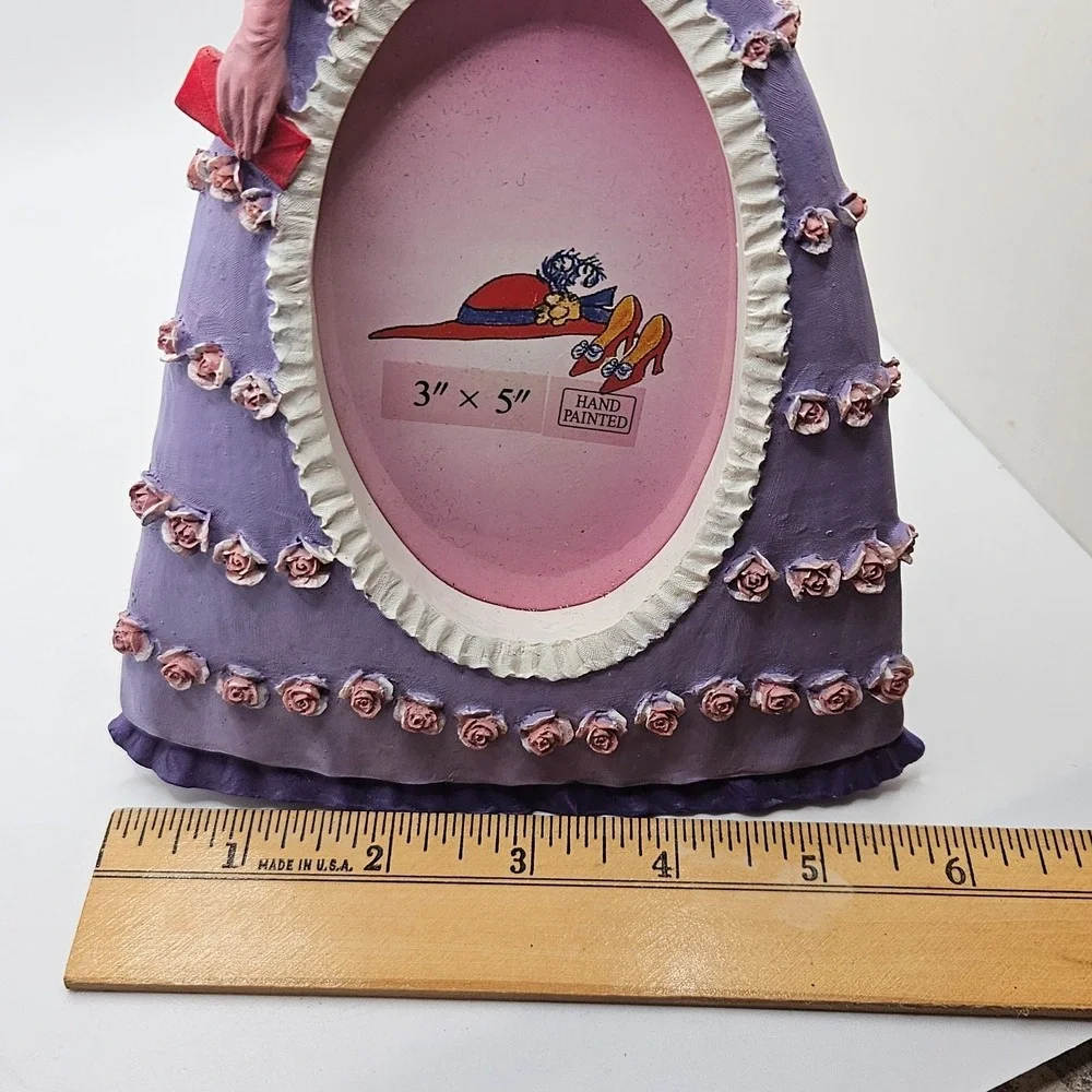 Vintage Red Hat Lady Photo Frame Figurine 3x5 Hand Painted Purple Dress